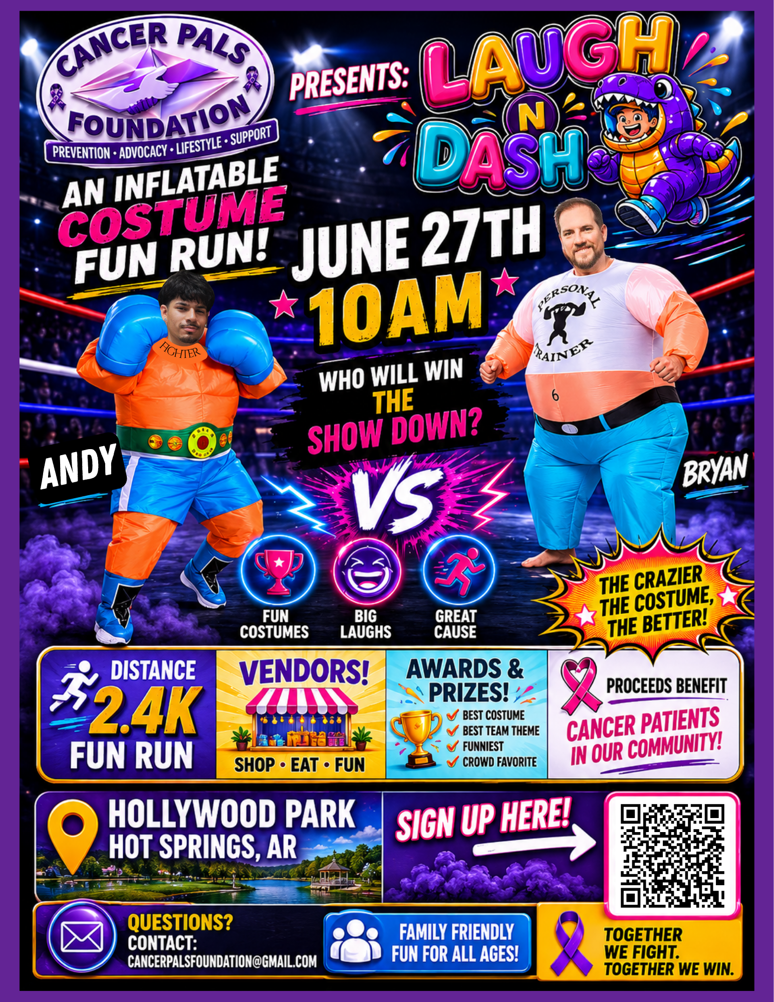 Laugh N Dash inflatable costume fun run flyer for June 27 at 10 AM at Hollywood Park in Hot Springs, Arkansas.